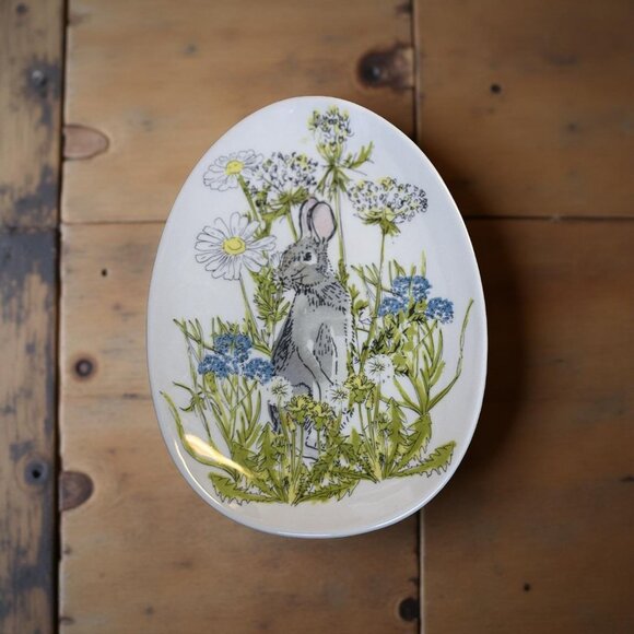 Easter Bunny Oval Ceramic Plate With Floral Design By Tag Natural Wildlife Decor - Picture 3 of 5